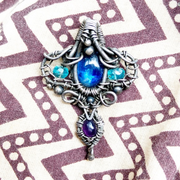 Handmade Kyanite, Gem Silica Chrysocolla, Amethyst Sterling Silver Pendant - Picture 1 of 4